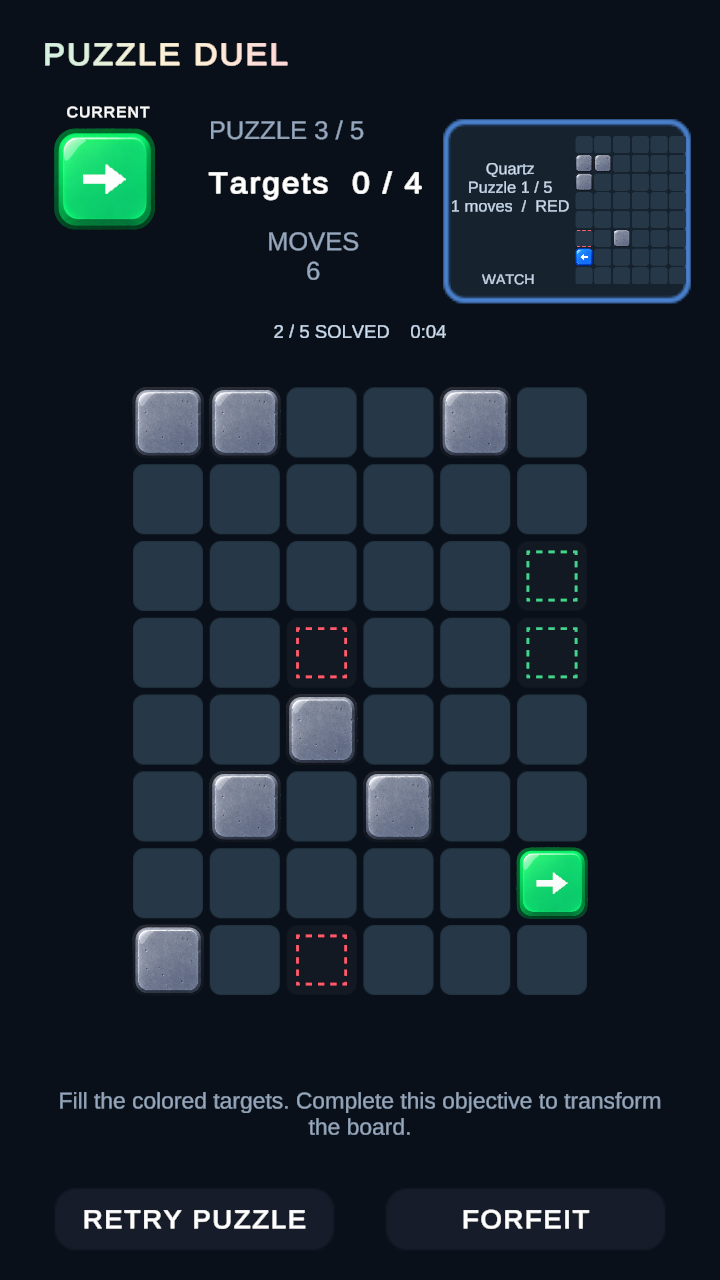 Completing a puzzle transforms the board into the next challenge